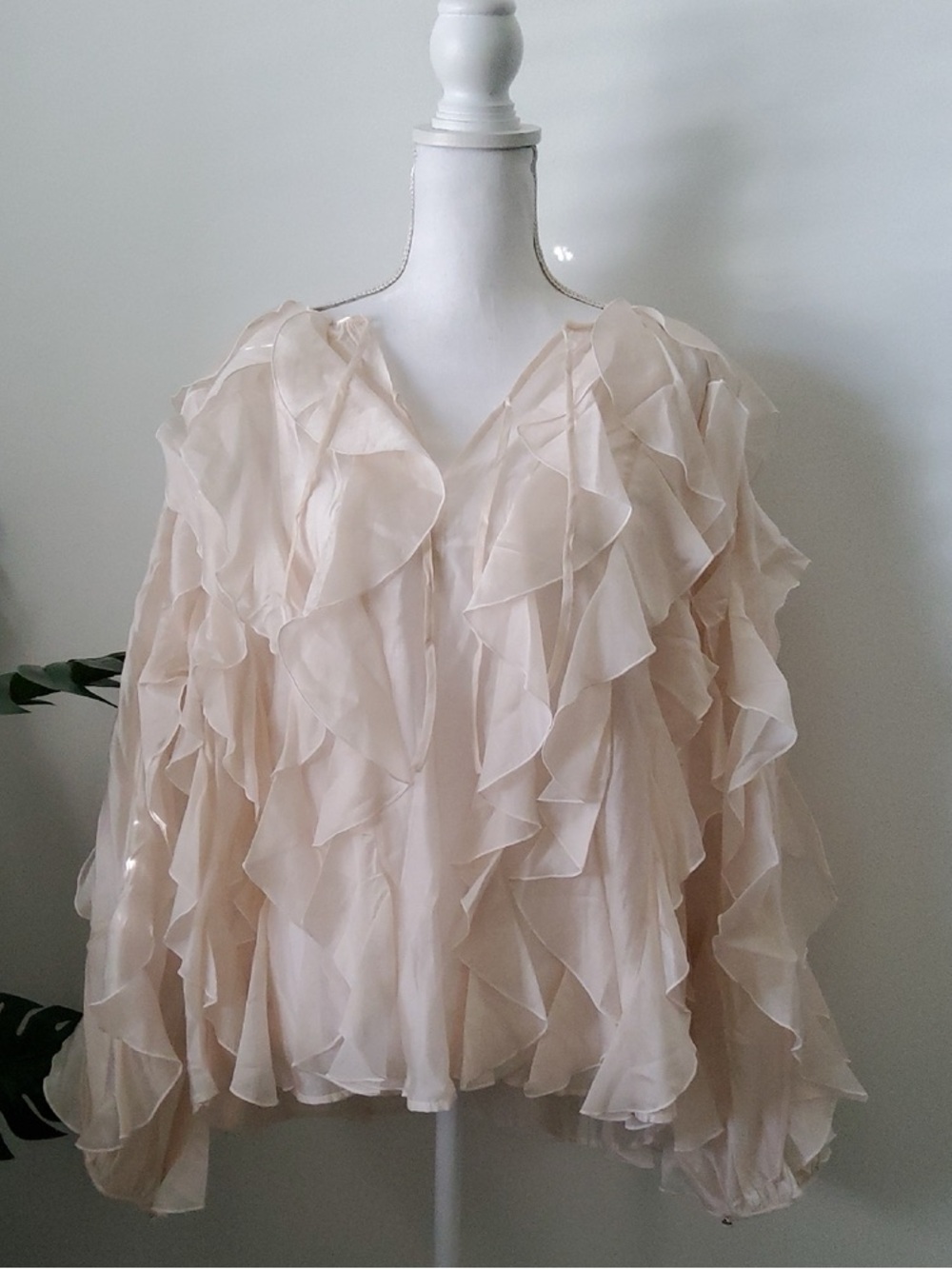 Ruffled V-Neck Women's Blouse - Cream